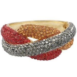 Red Orang Hematite Grey Rhinestone Twist Gold Fancy Hinged Bangle Bracelet